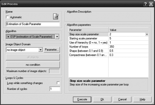 Figure 1. Screenshot of the estimation of scale parameter tool, implemented as process in the Definiens Developer® software.