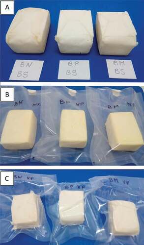 Figure 1. (A) Bryndza cheese samples before storage; (B) bryndza cheese samples after storage in non-vacuum–packed conditions; (C) bryndza cheese samples after storage in vacuum packed conditions.BU, bryndza cheese made from unpasteurised ewe milk; BP, bryndza cheese made from pasteurised ewe milk; BM, bryndza cheese made from unpasteurised ewe milk with addition of cow lump cheese from pasteurised milk (50%); BS, before storage; NP, after the 14th day of storage without packaging; VP, after the 14th day of vacuum packaging storage.