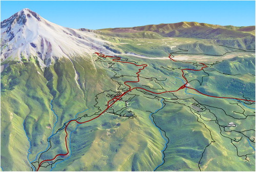 Figure 4. Final result for 3D roads and rivers. The flattened tube profile results in roads that are occluded by hills, but have a consistent and smooth appearance even in rugged terrain, with a slight perspective effect.