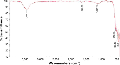 Figure S1 FTIR of CNPs.Abbreviation: CNP, cerium oxide nanoparticle.