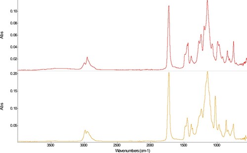 Figure 6. Infrared spectra of samples N80a (red) and PM9 (orange).
