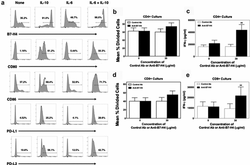 Figure 4. Anti-B7-H4 treatment increase IFN-γ secretion by T cell cultured in the presence of B7-H4+ monocytes. CD14+ monocytes were sort purified from healthy donor PBMCs (n = 5) and cells were cultured in the presence of medium alone, IL-10, IL-6, or IL-10 plus IL-6 (10 ng/ml) for 3 days. The percent of resultant monocytes expressing B7-H4, CD80, CD86, PD-L1, and PD-L2 was assessed (a). Sort purified autologous CFSE-labeled CD4+ T cells (b, c) and CD8+ T cells (d, e) were co-cultured with IL-10 plus IL-6 conditioned monocytes and anti-CD3 for 3 days, and the level of proliferation was assessed via flow cytometry (b, d) and the level of secreted IFN-γ measured (c, e). Proliferation data is presented as the mean percent divided cells and concentration of IFN-γ (pg/ml) present with the culture ± S.E.M. Two-way ANOVA with a Bonferroni posttest was used to determine statistical differences between naïve control Ab and anti-B7-H4 treated cultures. Asterisks (**) indicates a statistically significant difference as compared to the control Ab treated cultures, p < .01, respectively