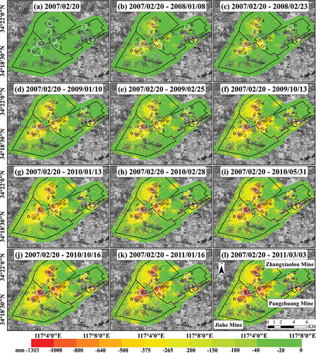 Figure 8. Time series cumulative subsidence obtained by BWS-DIE algorithm for research area in LOS direction. A, B and C indicate areas with significant subsidence.