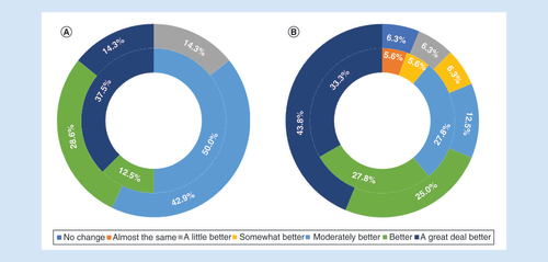 Figure 6. Improvement in Global Impression of Change following 10 kHz treatment. Using the Global Impression of Change, both subjects (A) and clinicians (B) reported improvement in nearly all cases.