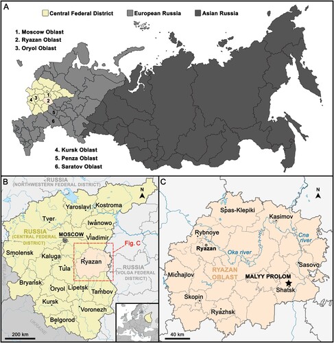 FIGURE 1. Locality maps showing approximate area of European Russia (A) with localities where Ptychodus has been hitherto reported (n.1–5), the Central Federal District (B), and the Ryazan Oblast (C; black star, Malyy Prolom quarry).