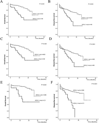 Figure 2. Survival outcomes for AML patients with different classification. (A) OS of AML patients with and without ASXL1 mutations; (B) DFS of AML patients with and without ASXL1 mutations; (C) OS of AML patients with and without ASXL1 mutations in intermediate/adverse group; (D) DFS of AML patients with and without ASXL1 mutations in intermediate/adverse group; (E) OS of CN-AML patients with and without ASXL1 mutations (F) DFS of CN-AML patients with and without ASXL1 mutations