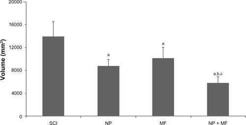 Figure 5 Mean (± SD) total tissue damage volume was significantly less in all groups in comparison with the SCI group, but least in the NP + MF group.Notes: Statistical significance (P < 0.05) is shown by aSCI versus MF, NP, and NP + MF groups; bNP versus MF and NP + MF groups; cMF versus NP + MF group.Abbreviations: IONPs, iron oxide nanoparticles; SCI, spinal cord injury group; SD, standard deviation; MF, SCI + magnetic field group; NP, SCI + IONP implantation group; NP + MF, SCI + IONP implantation + magnetic field group.