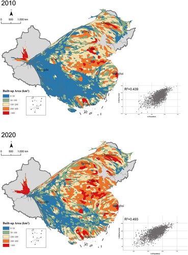 Figure 1. Cartogram of the built-up area of the population of Chinese counties and the linear fitting graph between the built-up area and the population in 2010 and 2020.