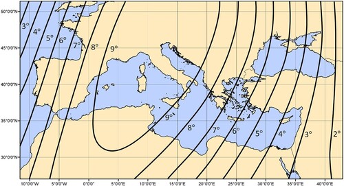 Figure 10. Lines of equal magnetic declination in the Mediterranean of 1250.