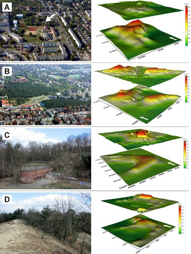 Figure 6. Examples of destroyed and transformed dunes and 3D models of the surface shape (lower model – morphology of primary dune; upper model – modern topography): A – the almost completely levelled Cossack Hill (an irregular dune), currently the area is occupied by a school, a gymnasium and a sports field, arrow indicates a preserved, built-on fragment of a dune; B – the afforested Hare Hills (irregular dunes), partly transformed by the construction of streets, a toboggan run and a petrol station; C – nose of parabolic dune destroyed by fort construction; D – the summit of a back-stop (part of the military shooting range) created by transforming a parabolic dune.