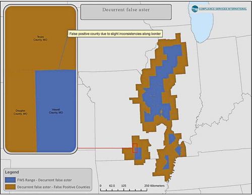 Figure 7. Distribution of counties with species-range of decurrent false aster overlapping by >0.95% with corn land-use (blue), showing counties that are false-positives (brown)