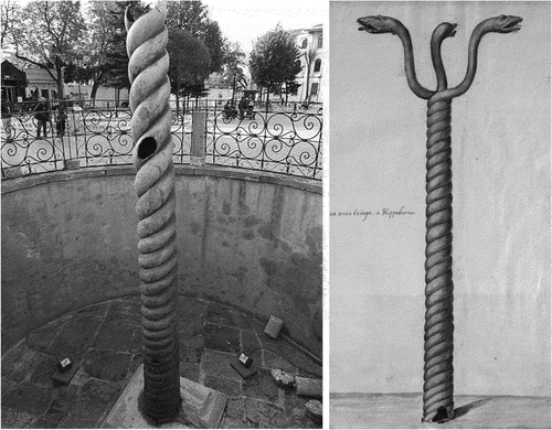 Figure 26. The Serpent Column. Left: Part of an ancient Greek sacrificial tripod, originally in Delphi and relocated to Constantinople by Constatine the Great in 324. Originally built after 479 BCE. Right: Drawing of 1574 showing the column with the three serpent heads.