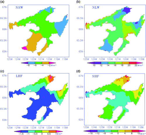 Fig. 13 The spatial distributions of the differences in the components of the heat fluxes between SR and BR experiments averaged over the entire simulation period.