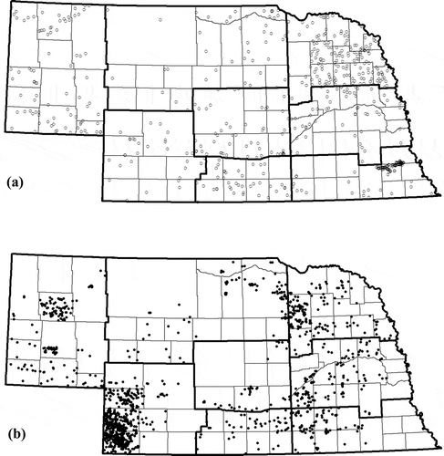 Figure 2. Validation sites for nonirrigated (a, n = 572) and irrigated (b, n = 1238) validation fields. Bold lines are the USDA NASS Agricultural Statistics District boundaries.