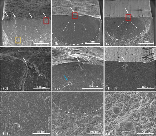 Figure 7. SEM images of fractured surfaces of 3PBF samples with surface conditions namely, (a) as-built (AB), (b) re-melted (R), and (c) milled (M). Solid white arrows indicate the crack initiation points, while dashed white arrows indicate the crack propagation till final fracture zone separated with dashed curves, and red rectangles show the crack initiation points zoomed in for (d) as-built (AB), (e) re-melted (R), and (f) milled (M) surface conditions. Blue arrow in (e) indicates a spherical pore. The zoomed in images for the 3 zones (top, middle, bottom) within the yellow rectangle in (a) indicate the crack propagation zone (h), transition zone (i), and final fracture zone (j), respectively.