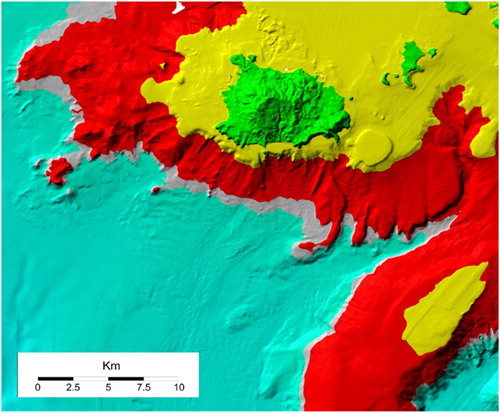 Figure 4. DTM of Ischia Island. Colours represent the main morphological units based on slope/depth pairs. See text for further details.