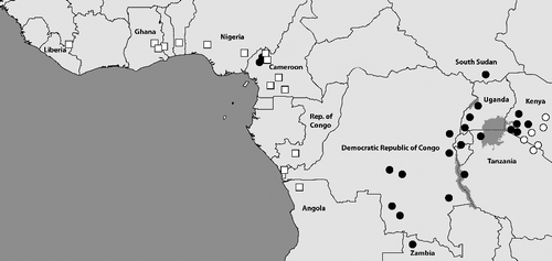 Fig. 6. Collection locations of morphologically investigated male specimens of B. mandanes (white squares), B. collinsi (black circles), and B. kenia (white circles). For more information about the total estimated distribution of the species see main text.