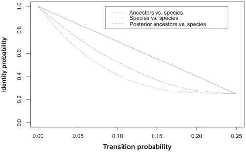 Figure 2 Identity probabilities for matched nucleotide pair (“ancestor vs species,” “species vs species” and “posterior ancestor vs species”).