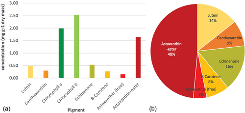 Figure 7. Carotenoid spectrum of a CCCryo strain from permafrost. (a) Carotenoids and chlorophylls as concentrations of dry mass. (b) Single carotenes and xanthophylls as ratios of all carotenoids detectable present. (data from the Fraunhofer-internal project MassCaro, unpublished).