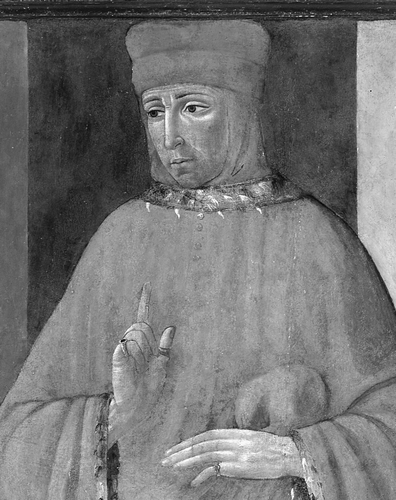 Fig. 1. Detail from a portrait of Francesco di Marco Datini by Tommaso di Piero del Trombetto, 1490. (Archivio Museo di Palazzo Pretorio, Prato; photograph by Antonio Quattrone.)