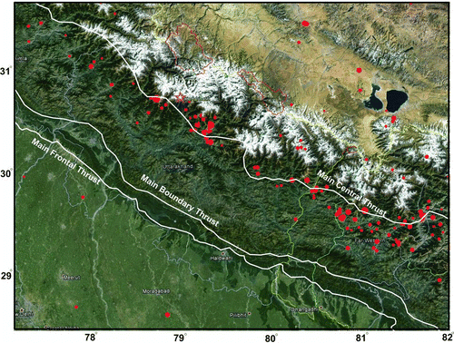 Figure 3 Location of Kedarnath along with the earthquakes of past 50 years (red dots) over Google earth