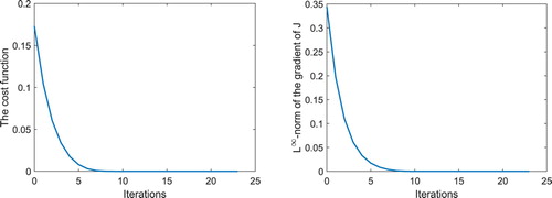 Figure 1. Simulation results for Example 1: History of the cost function J and the L∞-norm of J′ in the case of ε=0.0 and ρ=0.0.