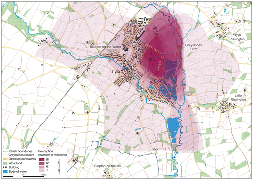 Figure 3. Perception map of Salmonsbury/Greystones landscape [including boundaries of Greystones Wildlife reserve and Bourton-on-the-Water] (copyright: T.Moore & J.Vidal, with permission. Base map data: Crown copyright. An Ordnance Survey/ Edina supplied service).