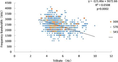 Figure 2. Relationship between trill rate and frequency bandwidth in male dusky warblers. In this figure, the three different types represent songs of three different individuals.