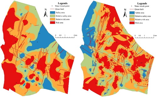 Figure 8. Water inrush risk zonation map produced using (a) AHP model and (b) IVM model.
