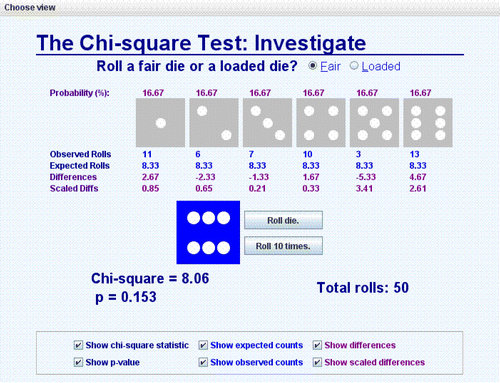 Figure 4: The investigate view of the chi-square applet.