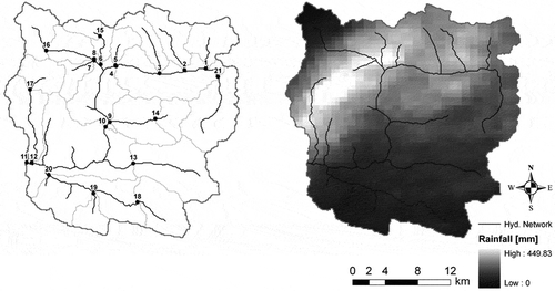 Fig. 2 Left: Map of the Fella basin at Moggio (Basin 11) showing outlet locations of the sub-basins examined in this study. Right: Total rainfall accumulation map over the study area for the 2003 storm event examined.