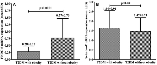 Figure 1 mRNA expression (A) FNDC-5 expression in T2DM patients with and without obesity (B) Selectin-E expression in T2DM patients with and without obesity.