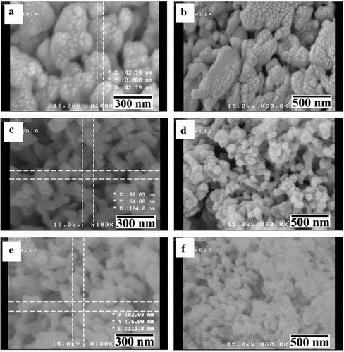 Figure 5 FE-SEM micrographs of PAI5a (a, b), PAI5c (c, d), and PAI5d (e, f) before ultrasonic irradiation.