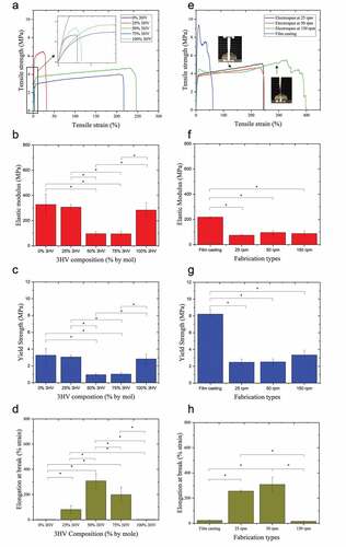 Figure 6. Mechanical properties of PHBV films and electrospun fibres with varying 3HV composition including tensile strength (a and e), elastic modulus (b and f), yield strength (c and g) and elongation at break (d and h). a-d varying 3HV composition, e-h changing fabrication conditions and breaking characteristic between random and aligned fibres (n = 4 per condition, *p < 0.05).