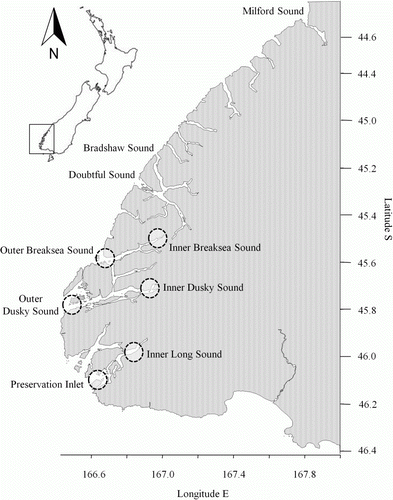 Figure 1  Location of study sites in southern Fiordland.