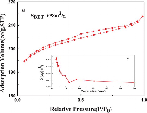 Figure 3. N2 adsorption/desorption isotherms (a) and pore size distributions (inset b) of Y-C.