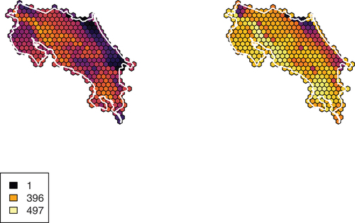 Figure 1. Species richness (i.e. gross number of species predicted to occur) during June (left) and December (right) in Costa Rica. Legend displays values for no taxa, the summer maximum, and the winter maximum. Includes all taxa, including those removed from cluster analyses.