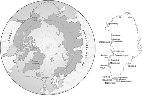 Figure 1. Map of the circumpolar region and Greenland with data collection sites marked with grey circles. Circumpolar map by Winfried Dallmann, Norwegian Polar Centre