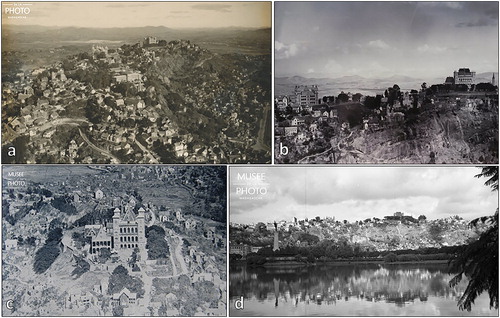 Figure 13. Historical aerial (a–c) and terrestrial (d) pictures of the Rova complex (first half of the twentieth century) and the surrounding Analamanga hill slopes. The comparison with the current setting of the Analamanga hill (Figure 4) shows the evidence of the progressive deforestation and increase of urbanization of the Upper and Middle town. Source: Author