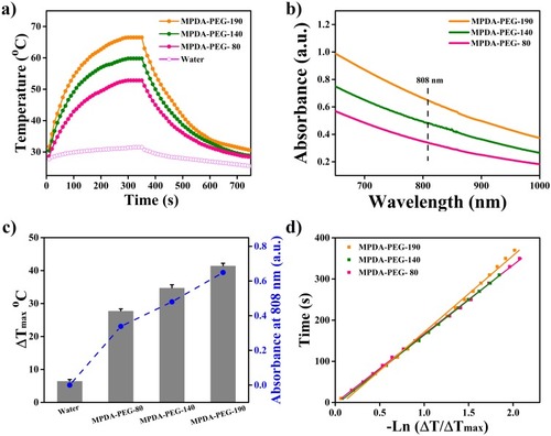 Figure 3 (a) Photothermal effects of MPDA-PEG nanoparticle under laser irradiation (100 μg mL−1, 808 nm, 2 W cm−2) for 5 mins. (b) UV-vis absorbance spectra of MPDA-PEG nanoparticles at a concentration of 100 μg mL−1. (c) Summary of the maximum temperature change of MPDA-PEG during NIR laser exposure, together with their absorbance at 808 nm. (d) Linear time data versus –Ln (ΔT/ΔTmax) obtained from the cooling periods of Figure 3A.Abbreviations: MPDA-PEG, polyethylene glycol-modified mesoporous polydopamine; NIR, near Infrared.