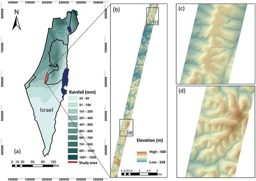 Figure 1. (a) The hyperspectral flight-line area overlaying the map of Israel with mean annual precipitation (mm/year) isohyets; (b) elevation throughout the flight line zooming into the northern (c), and southern (d) parts of the strip based on a digital elevation model (DEM) acquired from NASA’s Alaska Satellite Facility (ASF) (12.5-m resolution)