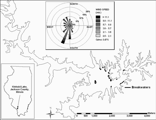 Figure 2 Location of Kinkaid Lake, Jackson County, Illinois and breakwaters present during the study. Wind rose includes 1989–2004 hourly wind data.