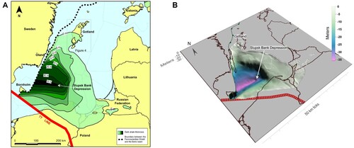 Figure 5. A. Isopach map of the ASF and coeval siliciclastics strata in the Baltic Basin area. Modified from unpublished internal reports of the Svenska Exploration AB, Buchardt et al. (Citation1997) and Erlström (Citation2014, Citation2016). The extension of the ASF west of the Baltic Basin is proposed by Buchardt et al. (Citation1997, fig. 7). The most prominent structure of the ASF is the Slupsk Bank Depression, which is the result of tectonic activity just north of Poland (Modliński et al. Citation1999, fig. 4). TT on the map marks the Teisseyre-Tornquist Line. In the upper right corner of the picture is the western part of the Türisalu Formation. In B., a three-dimensional extension of the Slupsk Bank Depression.