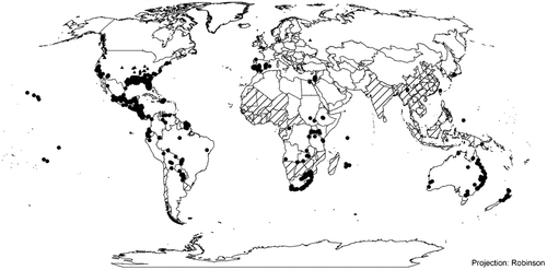 Figure 3. Global distribution of Eichhornia crassipes, including established and casual populations. Where information has been provided by country, these administrative areas have been shaded. Where more precise distribution data is available this is indicated as dots, with established population indicated as circles, and ephemeral populations as triangles. Source: Kriticos and Brunel Citation2016 (with permission).