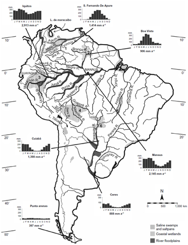 Figure 1 Annual rainfall pattern and distribution of major South American wetland types and wetlands.