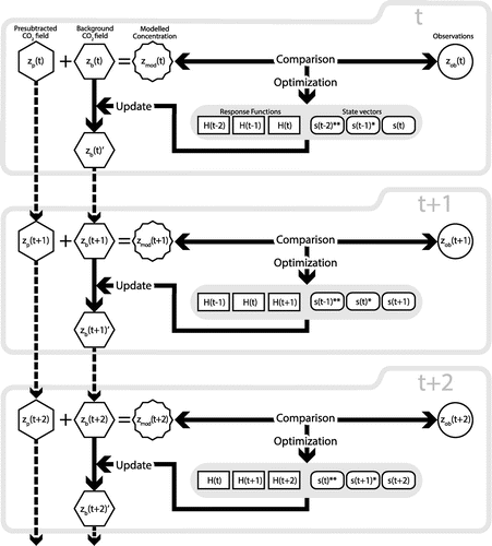 Fig. 2. Illustration of the inversion process employed in this study. The t indicates the time step on monthly basis. The modelled CO2 concentrations zmod are sum of the background concentrations zb and the presubtracted concentrations zp calculated by GELCA. In each inversion cycle, the modelled concentrations are compared to observations zob and the state vector s is optimized within a 3-month window. Optimized fluxes are incorporated into the background concentration () before calculating for the next time step. The number of asterisks in the upper right of s shows how many times a set of monthly fluxes has been optimized previously from past cycles. The prime in the upper right of zb means that the zb has been updated. The dashed arrows mean monthly calculations by GELCA.