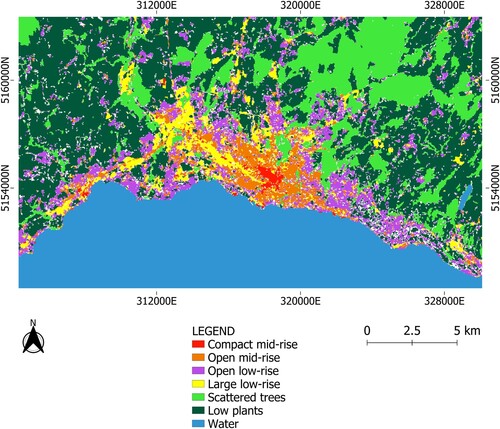 Figure 7. Final LCZ map obtained using Sentinel-2 imagery (majority voting applied to the four Sentinel-2 images). Band combination: Sentinel-2 bands plus building height layer. CRS: WGS84/UTM zone 32N.