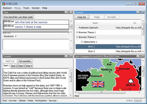 Figure 1. Screenshot of VCRI student interface, with Chat-tool (top left), Cowriter-tool (bottom left), Sources-tool (top right) and one opened source (bottom right).
