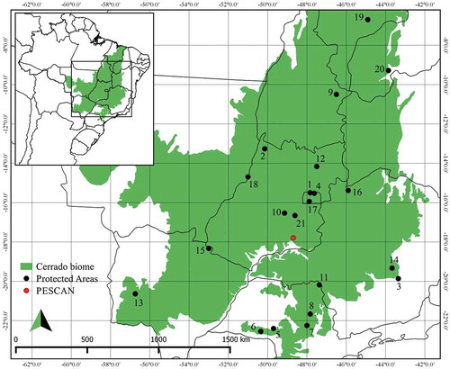 Figure 1. Geographical location of the Parque Estadual da Serra de Caldas Novas (PESCAN; red circle) and other protected areas (black circles) in the Cerrado biome. 1. Área de Proteção Ambiental Cafuringa (APAC); 2. Área de Proteção Ambiental Meandros do Araguaia (APAMA); 3. Estação Ambiental de Peti (EAP); 4. Estação Ecológica Águas Emendadas (EEAE); 5. Estação Ecológica dos Caetetus (EEC); 6. Estação Ecológica de Assis/Floresta Estadual de Assis (EEA/FEA); 7. Estação Ecológica de Itirapina (EEI); 8. Estação Ecológica de Jataí (EEJ); 9. Estação Ecológica Serra Geral do Tocantins (EESGT); 10. Floresta Nacional de Silvânia (FNS); 11. Parque Estadual Furnas de Bom Jesus (PEFBJ); 12. Parque Nacional Chapada dos Veadeiros (PNCV); 13. Parque Nacional da Serra da Bodoquena (PNSB); 14. Parque Nacional da Serra do Cipó (PNSC); 15. Parque Nacional das Emas (PNE); 16. Parque Nacional Grande Sertão Veredas (PNGSV); 17. Reserva Ecológica do IBGE (REIBGE); 18. Reserva Extrativista Lago do Cedro (RELC); 19. Parque Estadual do Mirador (PEM); 20. Parque Nacional da Serra das Confusões (PNCF); 21. Parque Estadual Altamiro de Moura Pacheco (PEAMP).