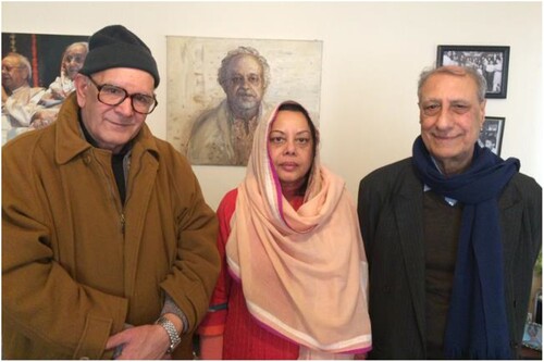 Figure 7. Ustad Alla Rakha’s daughter, Khurshid Qureshi Aulia (Centre) and her husband, Ayub Aulia (Right), photographed with the late Firdous Ali (Left), on 24 March 2017. A portrait of Ustad Alla Rakha hangs in the background.